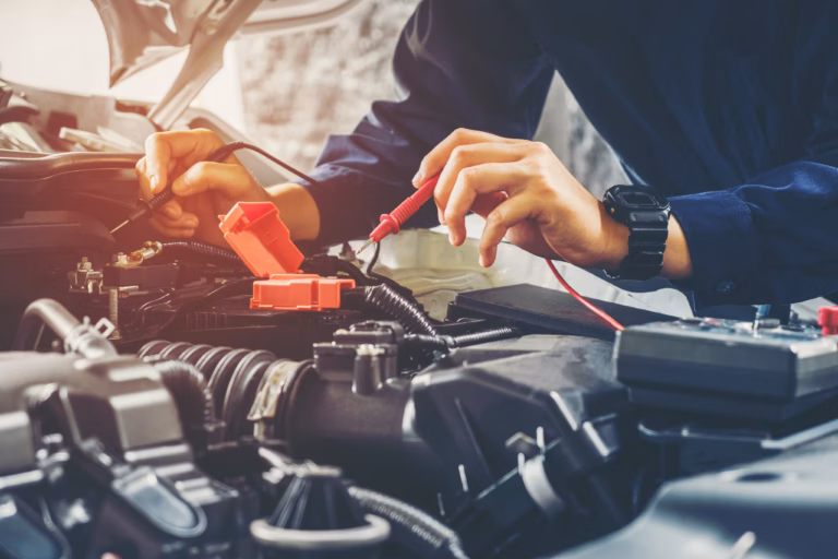 Technician inspecting a vehicles suspension on a hoist